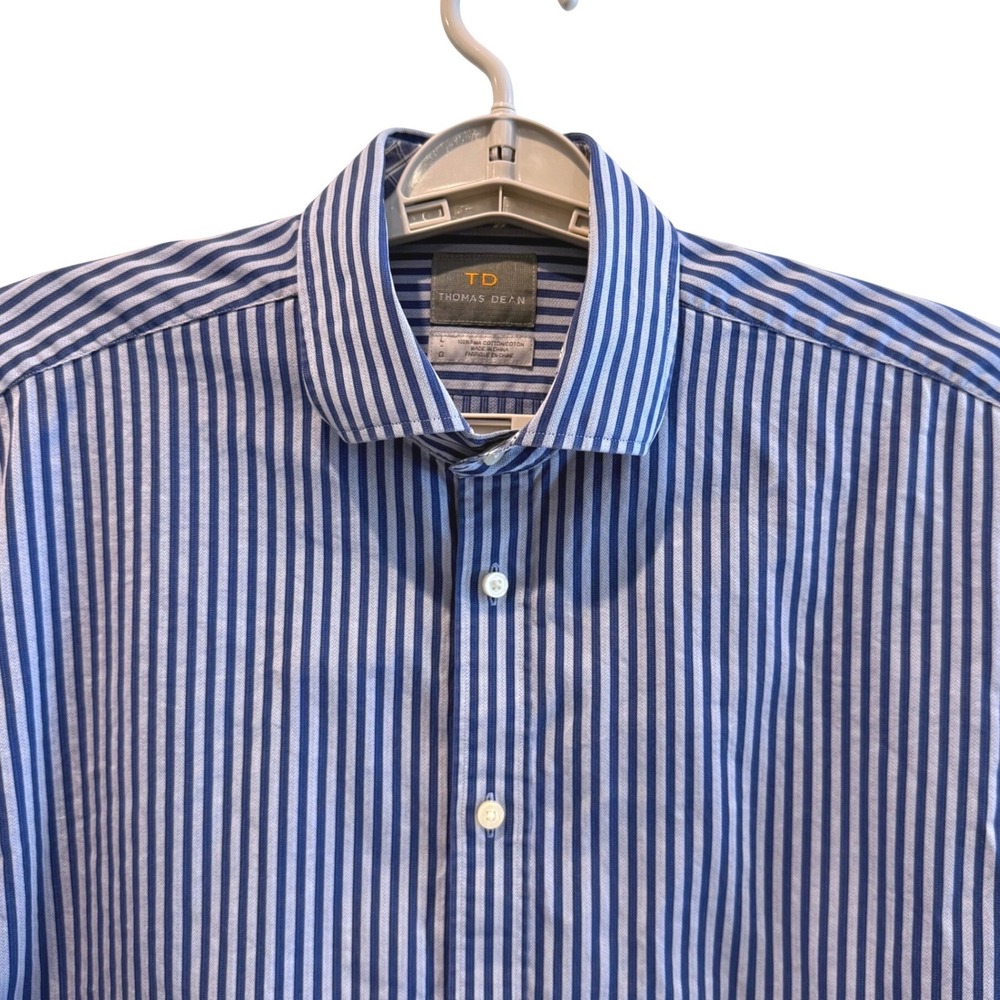 Thomas Dean Blue White Striped‎ Pima Cotton Long Sleeve Button Up Shirt Large